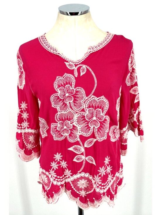 Solitaire Tops - Solitaire Anthropologie Embroidered Blouse Size M Pink White Floral Boho Casual
